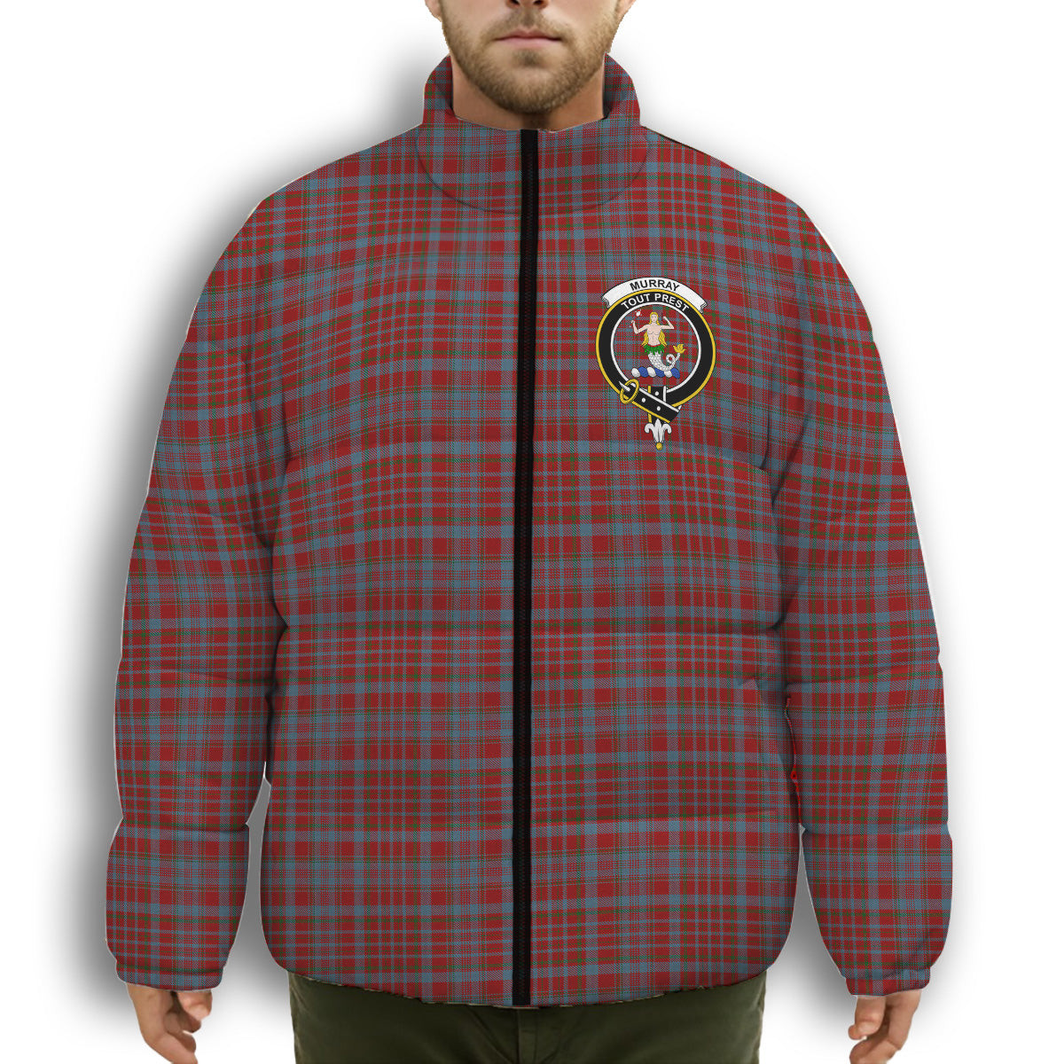 ScotsTee Shop Scottish Murray of Polmaise Crest Tartan Collar Down Jacket Winter White Duck Down Plaid