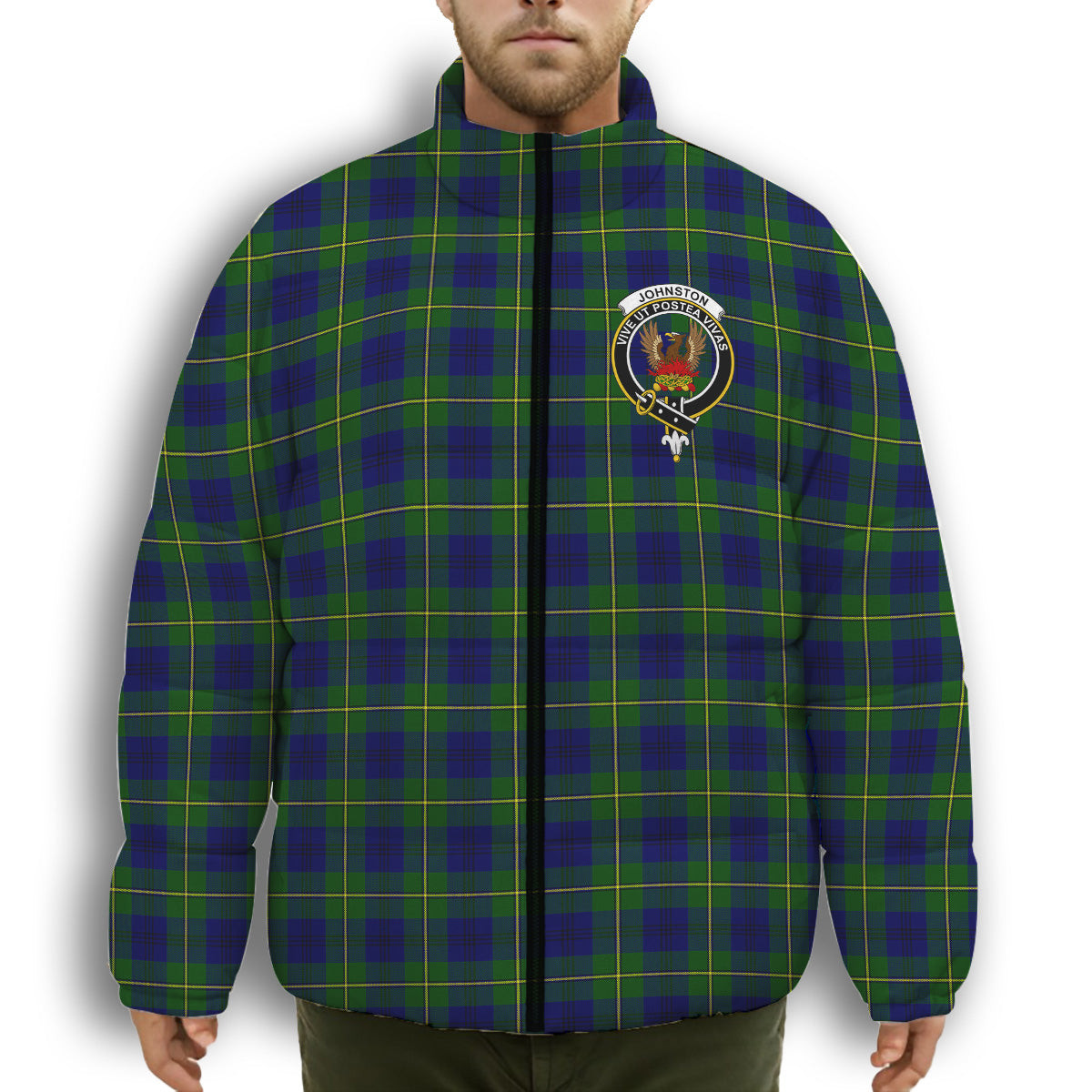 ScotsTee Shop Scottish Johnston of Caskieben Modern Crest Tartan Collar Down Jacket Winter White Duck Down Plaid