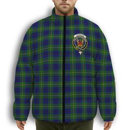 ScotsTee Shop Scottish Johnston of Caskieben Modern Crest Tartan Collar Down Jacket Winter White Duck Down Plaid