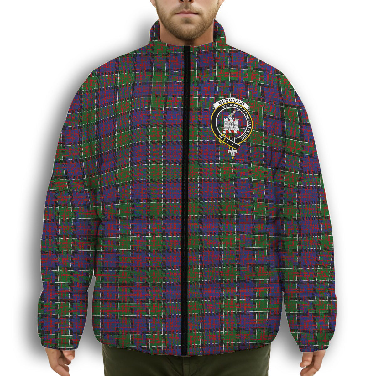 ScotsTee Shop Scottish McDonald of Clan Ranald Modern Crest Tartan Collar Down Jacket Winter White Duck Down Plaid