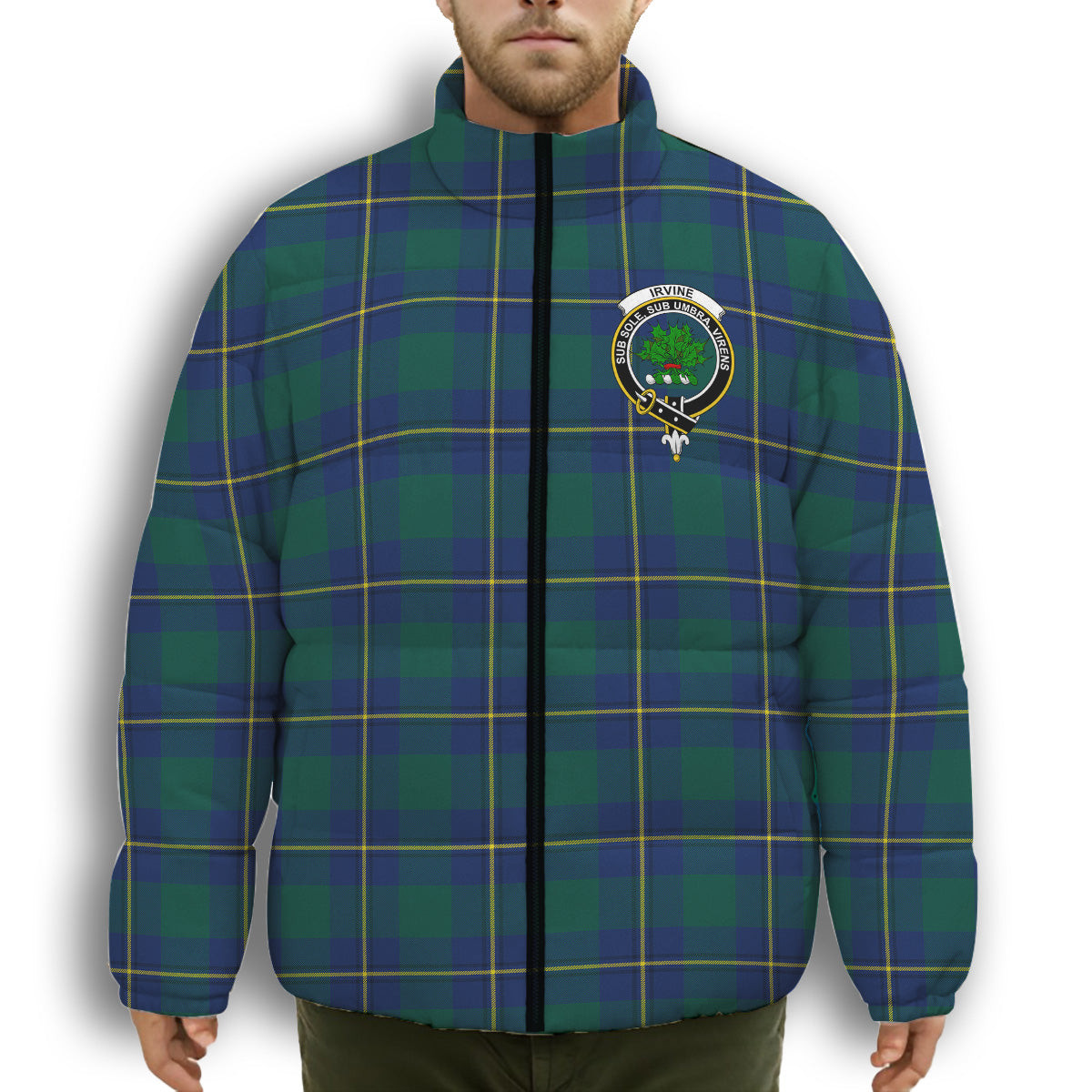 ScotsTee Shop Scottish Irvine of Bonshaw Modern Crest Tartan Collar Down Jacket Winter White Duck Down Plaid