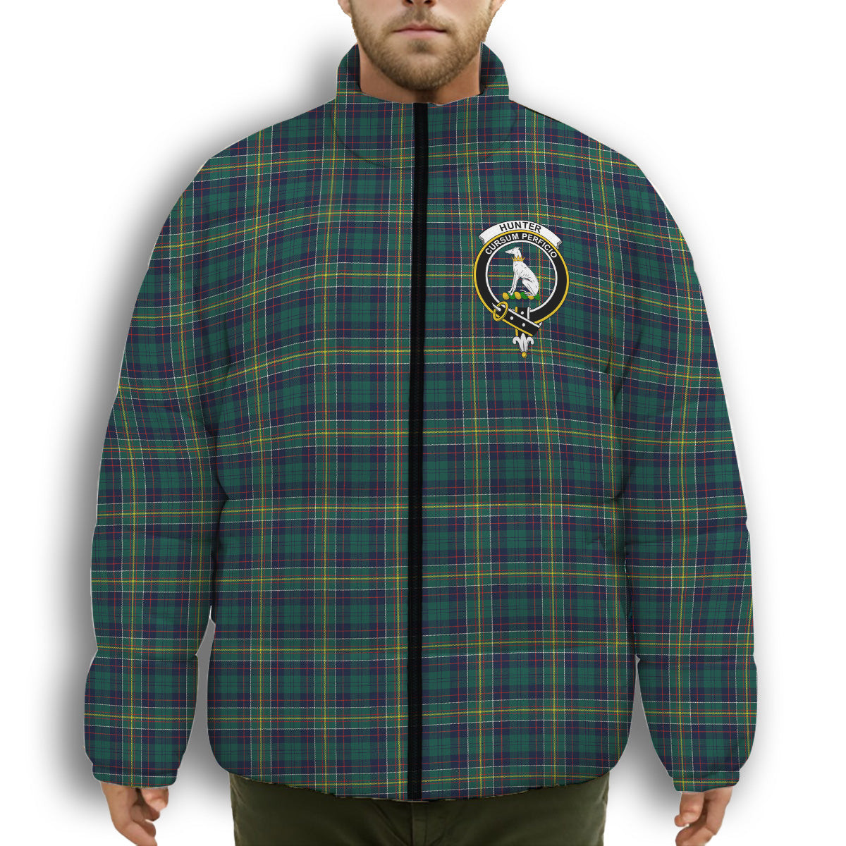 ScotsTee Shop Scottish Hunter of Hunterston Modern Crest Tartan Collar Down Jacket Winter White Duck Down Plaid