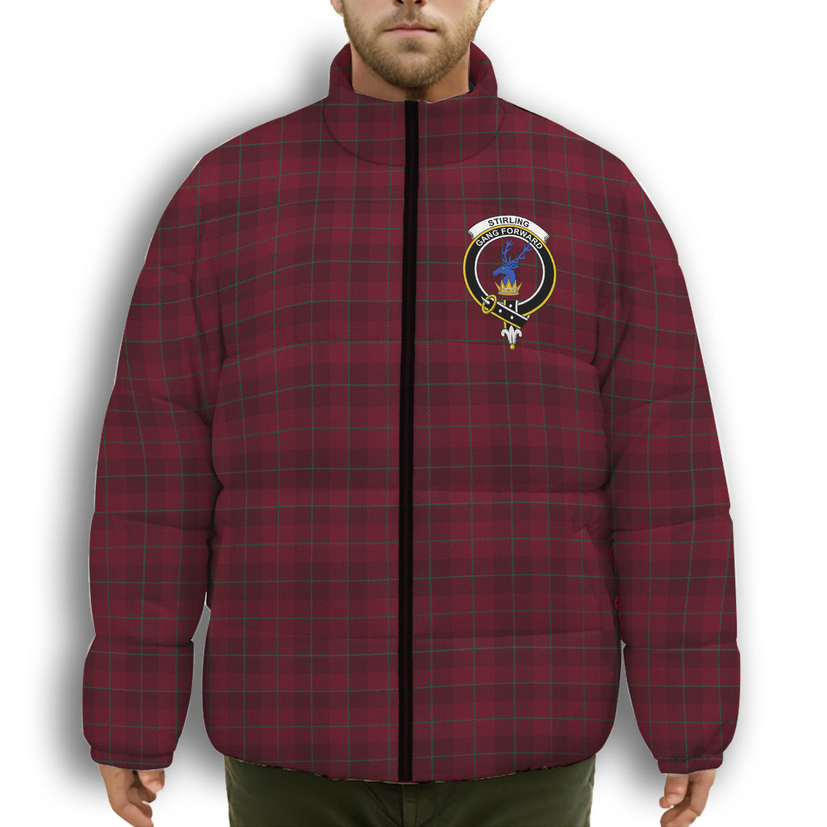 ScotsTee Shop Scottish Stirling of Keir Crest Tartan Collar Down Jacket Winter White Duck Down Plaid