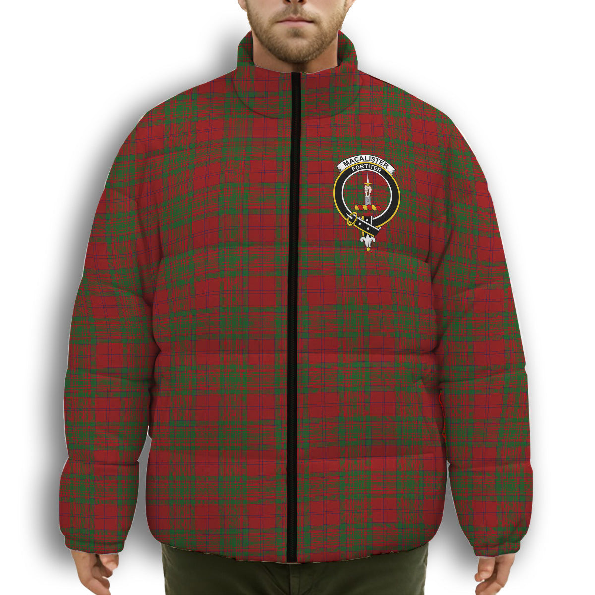 ScotsTee Shop Scottish MacAlister of Glenbarr Crest Tartan Collar Down Jacket Winter White Duck Down Plaid