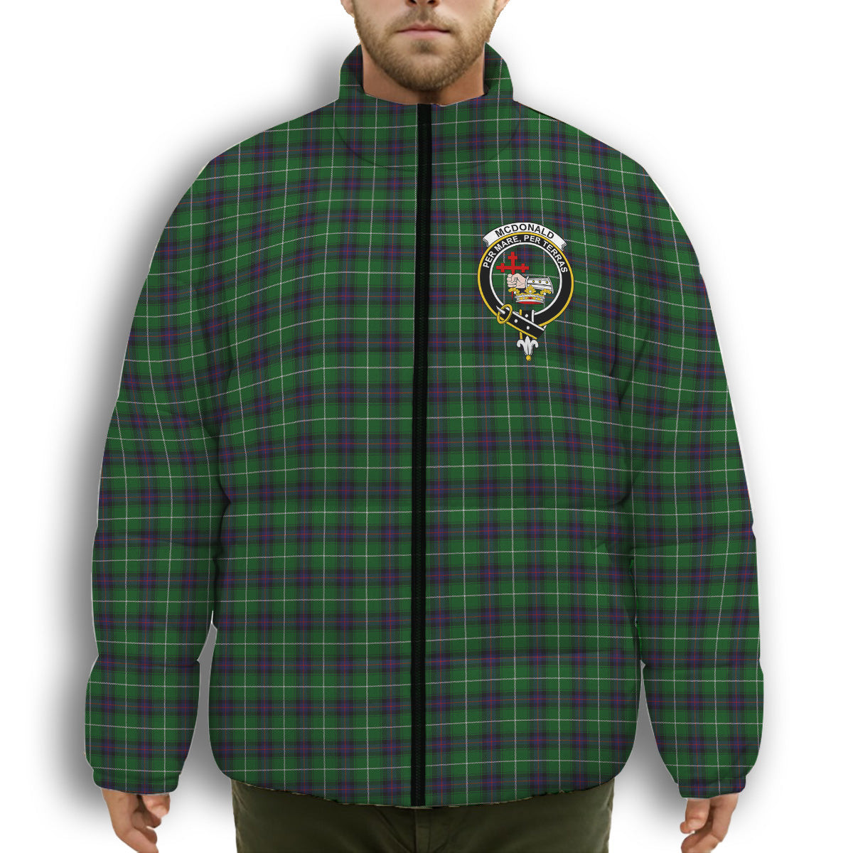 ScotsTee Shop Scottish McDonald of The Isles Crest Tartan Collar Down Jacket Winter White Duck Down Plaid