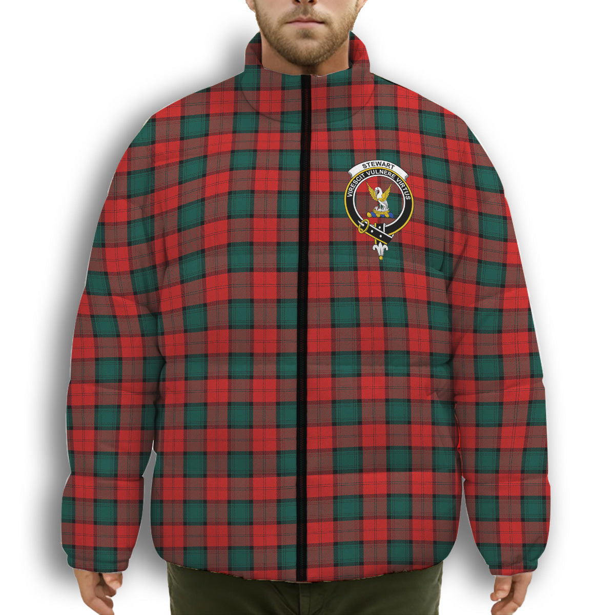 ScotsTee Shop Scottish Stewart of Atholl Modern Crest Tartan Collar Down Jacket Winter White Duck Down Plaid