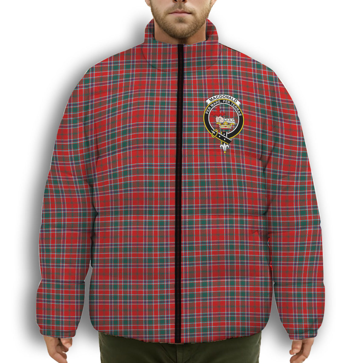 ScotsTee Shop Scottish MacDonald of Lochmaddy Modern Crest Tartan Collar Down Jacket Winter White Duck Down Plaid