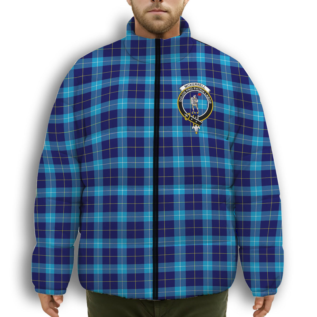 ScotsTee Shop Scottish McKerrell Crest Tartan Collar Down Jacket Winter White Duck Down Plaid