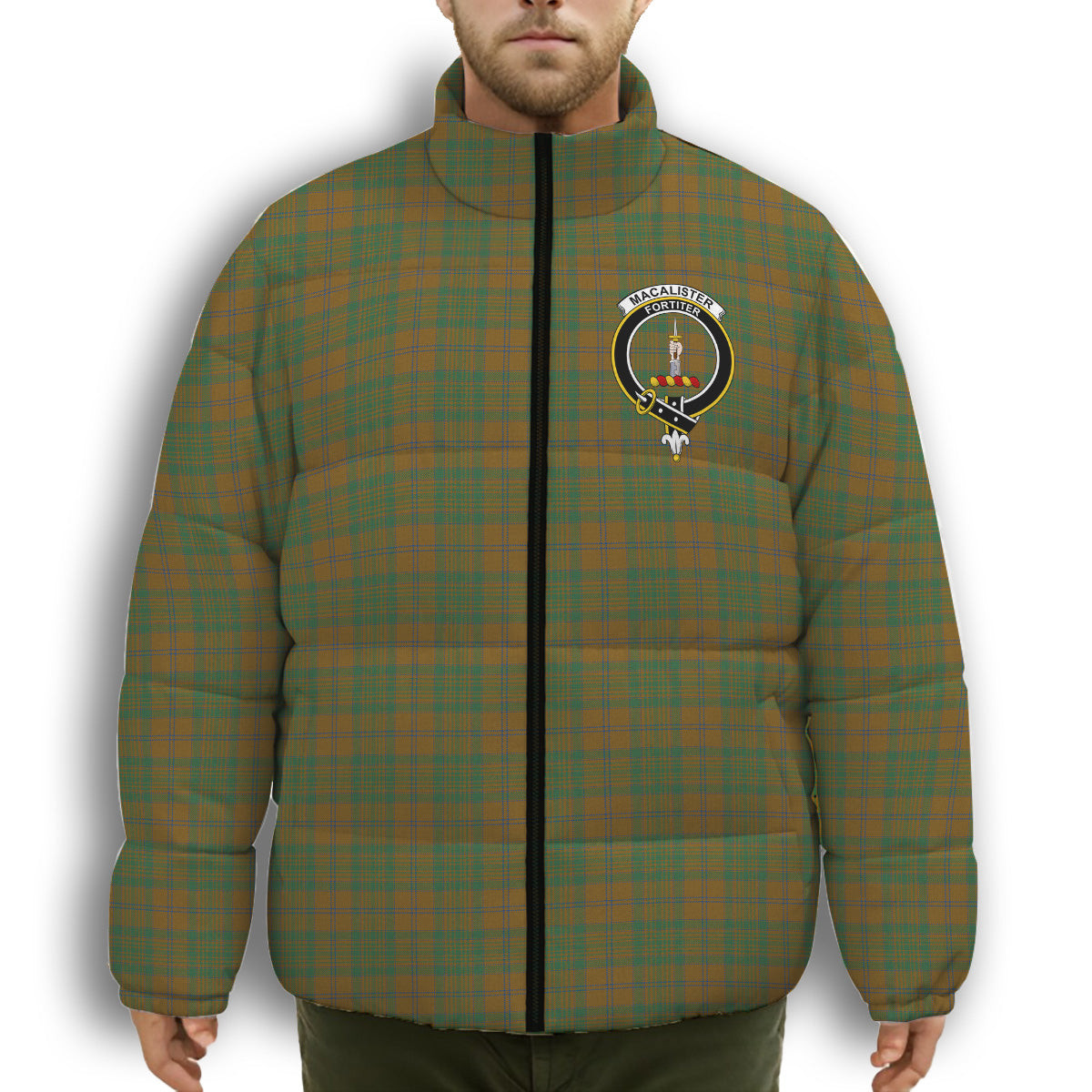 ScotsTee Shop Scottish MacAlister of Glenbarr Hunting Modern Crest Tartan Collar Down Jacket Winter White Duck Down Plaid