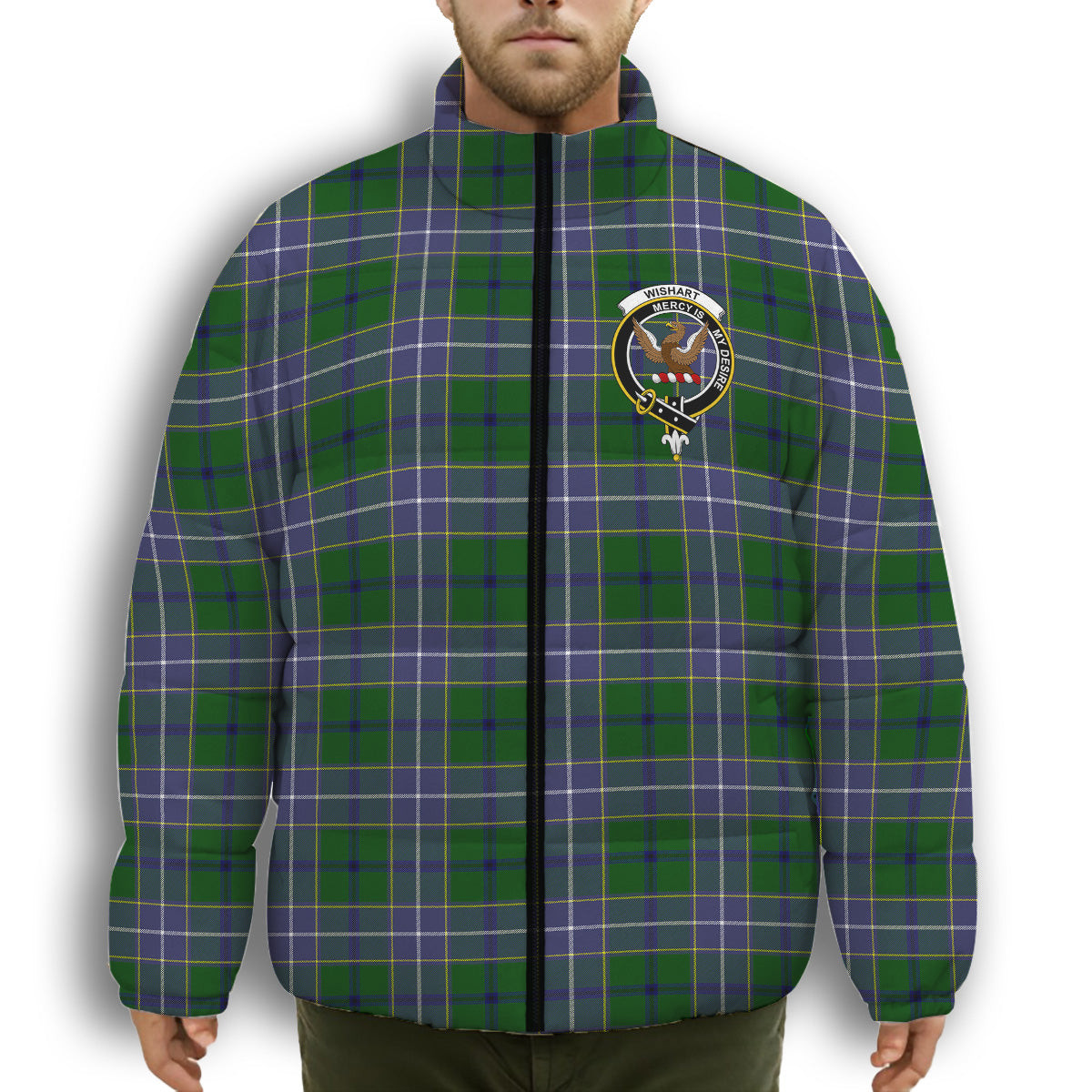 ScotsTee Shop Scottish Wishart Hunting Modern Crest Tartan Collar Down Jacket Winter White Duck Down Plaid