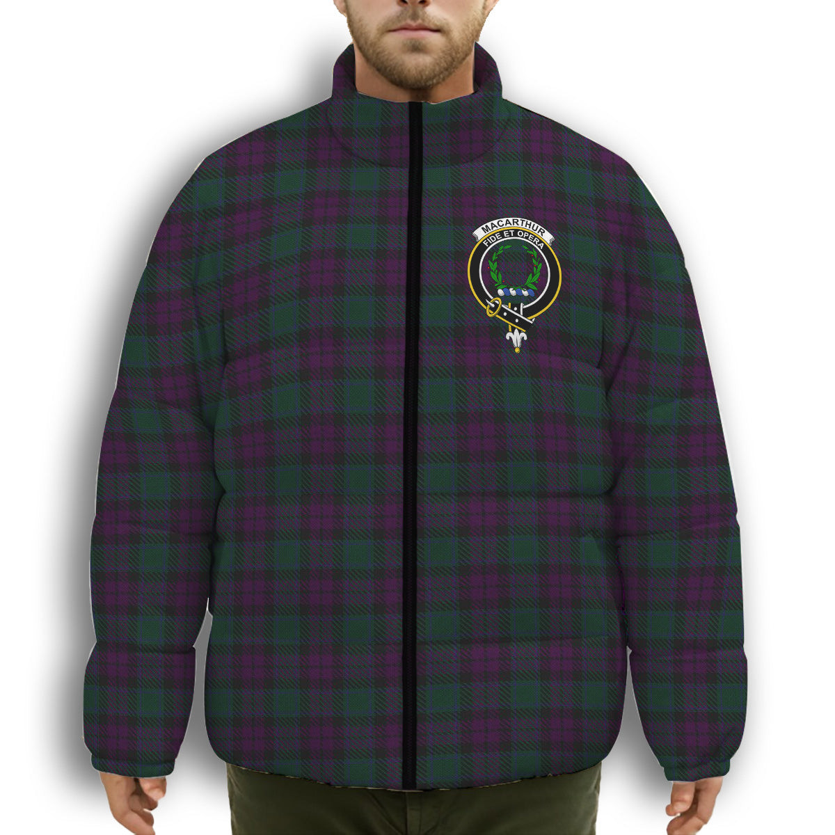 ScotsTee Shop Scottish MacArthur of Milton Hunting Crest Tartan Collar Down Jacket Winter White Duck Down Plaid