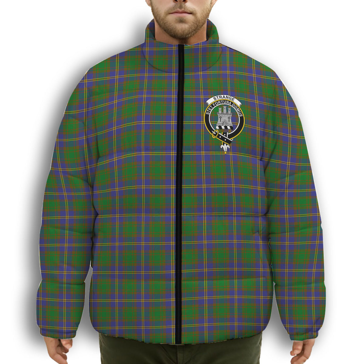 ScotsTee Shop Scottish Strange of Balkaskie SC Crest Tartan Collar Down Jacket Winter White Duck Down Plaid