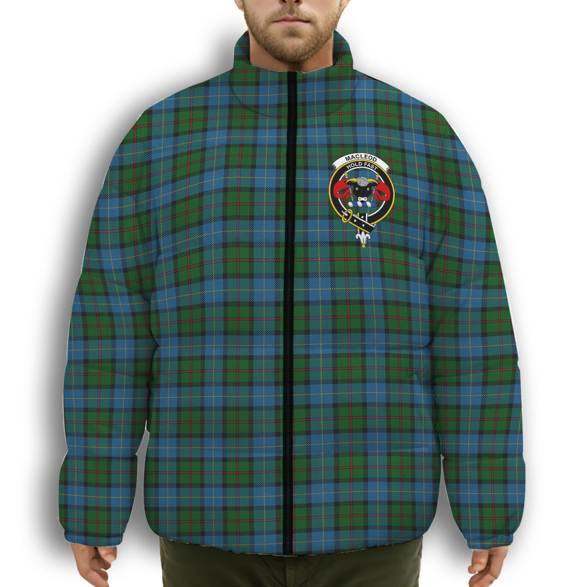 ScotsTee Shop Scottish MacLeod of Assynt Crest Tartan Collar Down Jacket Winter White Duck Down Plaid