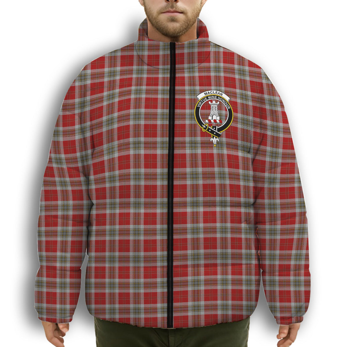 ScotsTee Shop Scottish MacLean of Duart Dress Red Crest Tartan Collar Down Jacket Winter White Duck Down Plaid