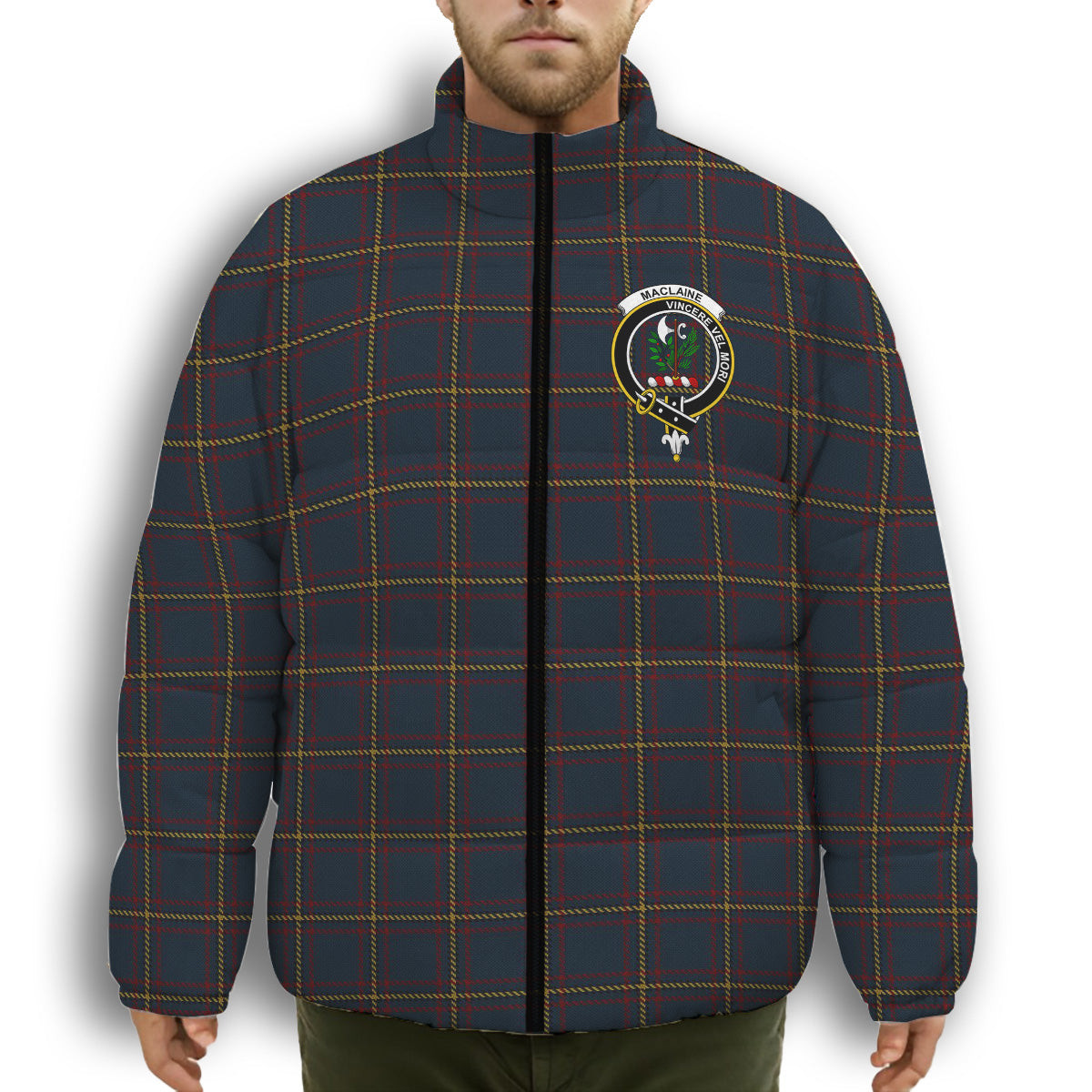 ScotsTee Shop Scottish MacLaine of Lochbuie Hunting Crest Tartan Collar Down Jacket Winter White Duck Down Plaid