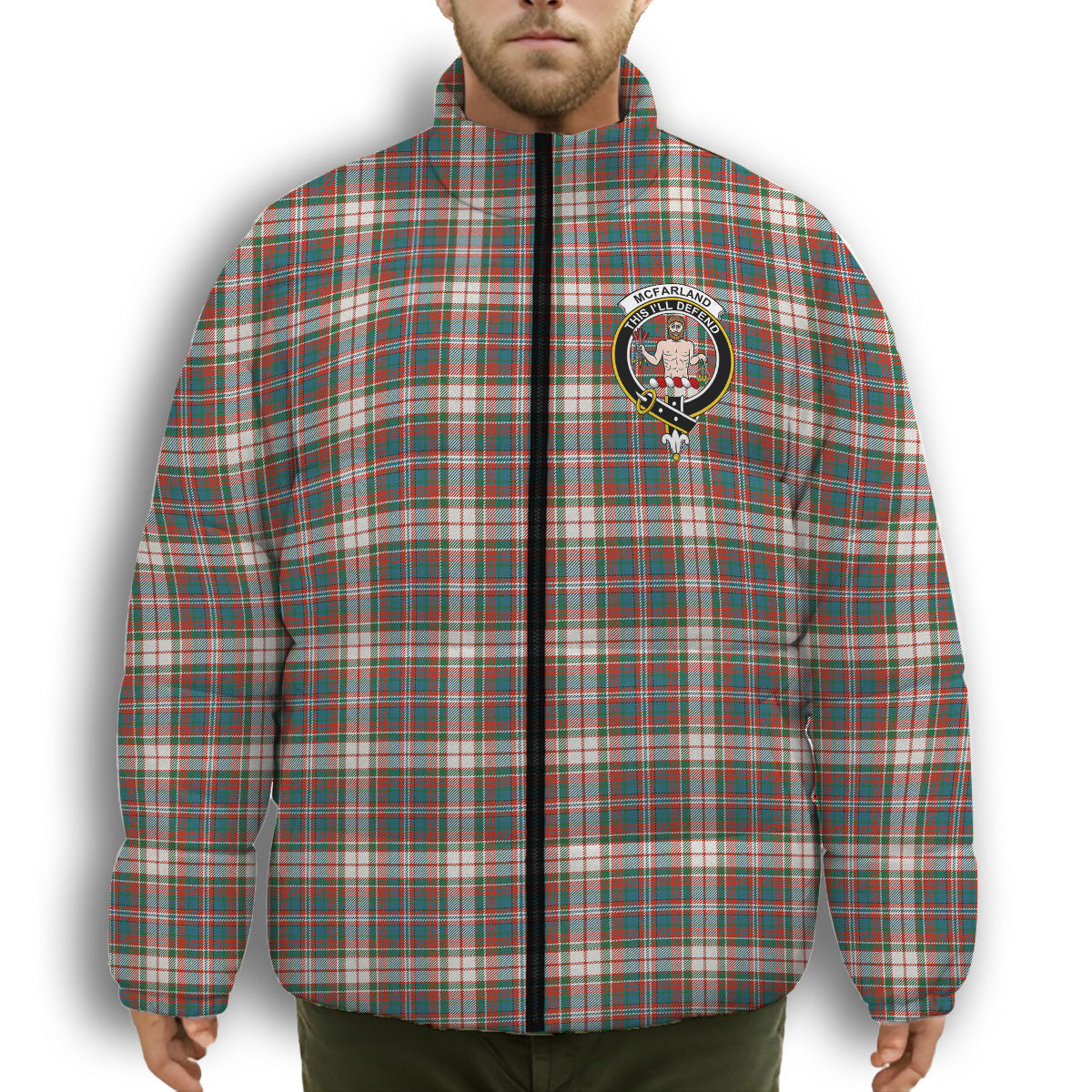 ScotsTee Shop Scottish McFarland Dress Ancient Crest Tartan Collar Down Jacket Winter White Duck Down Plaid