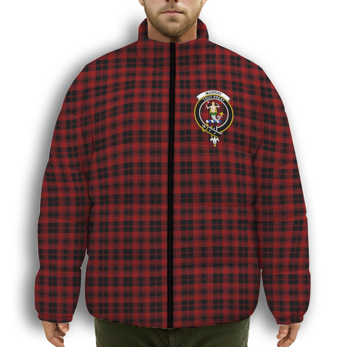 ScotsTee Shop Scottish Murray of Ochtertyre Crest Tartan Collar Down Jacket Winter White Duck Down Plaid