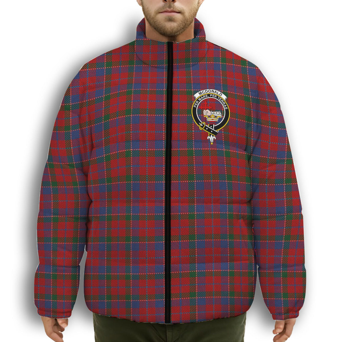 ScotsTee Shop Scottish McDonald of Glenaladale Crest Tartan Collar Down Jacket Winter White Duck Down Plaid