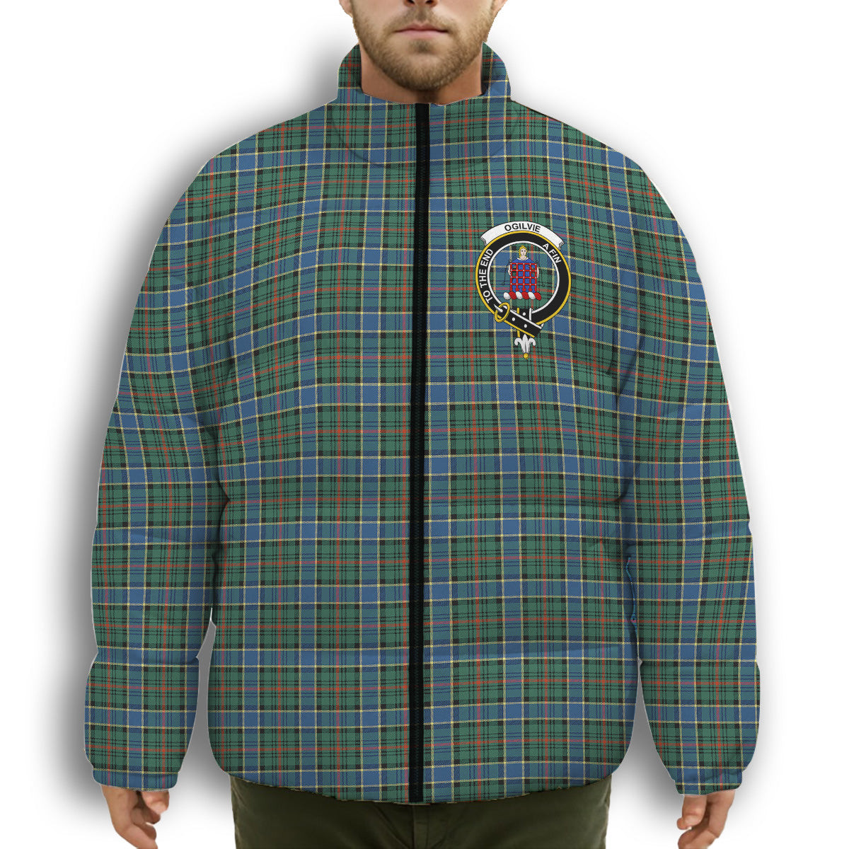 ScotsTee Shop Scottish Ogilvie (Ogilvy) Hunting Ancient Crest Tartan Collar Down Jacket Winter White Duck Down Plaid