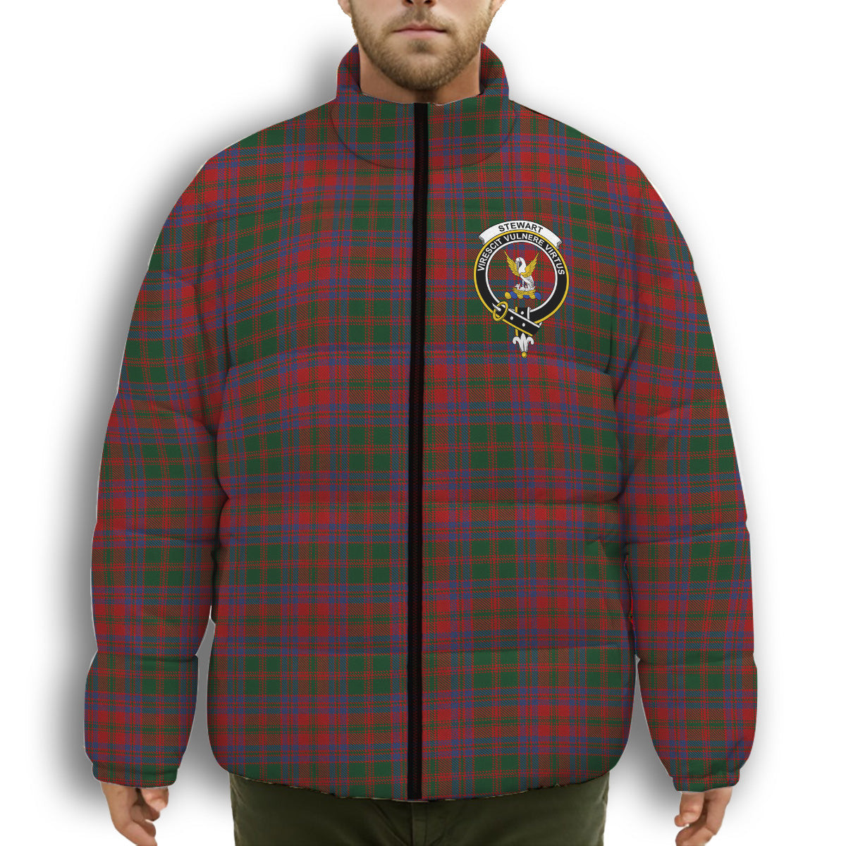 ScotsTee Shop Scottish Stewart of Urrard Crest Tartan Collar Down Jacket Winter White Duck Down Plaid