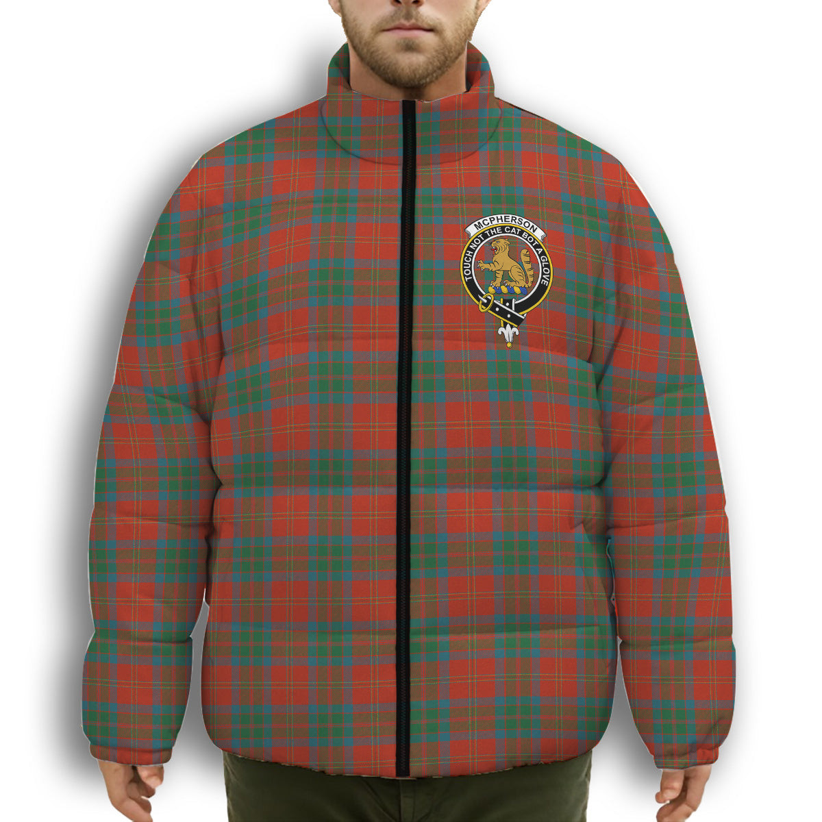 ScotsTee Shop Scottish McPherson of Cluny Ancient Crest Tartan Collar Down Jacket Winter White Duck Down Plaid