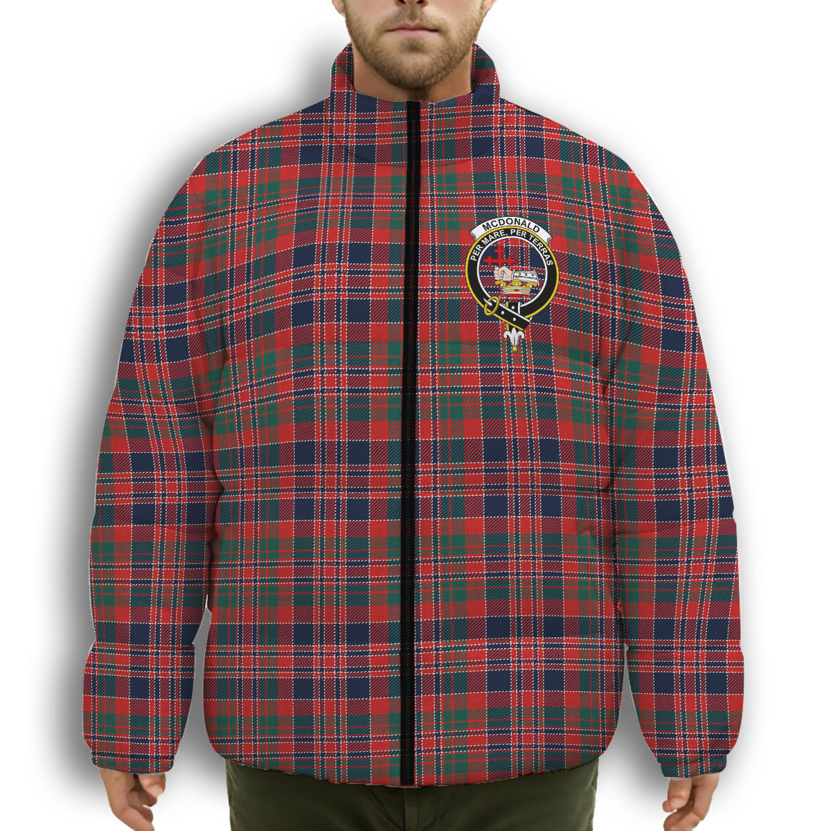 ScotsTee Shop Scottish McDonald of Boisdale Modern Crest Tartan Collar Down Jacket Winter White Duck Down Plaid