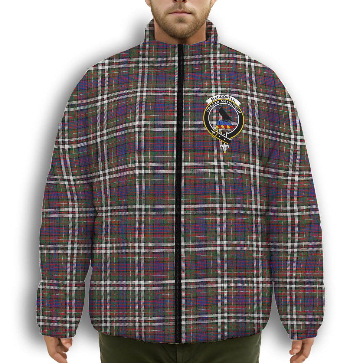 ScotsTee Shop Scottish MacDonell of Glengarry Dress  Modern Crest Tartan Collar Down Jacket Winter White Duck Down Plaid