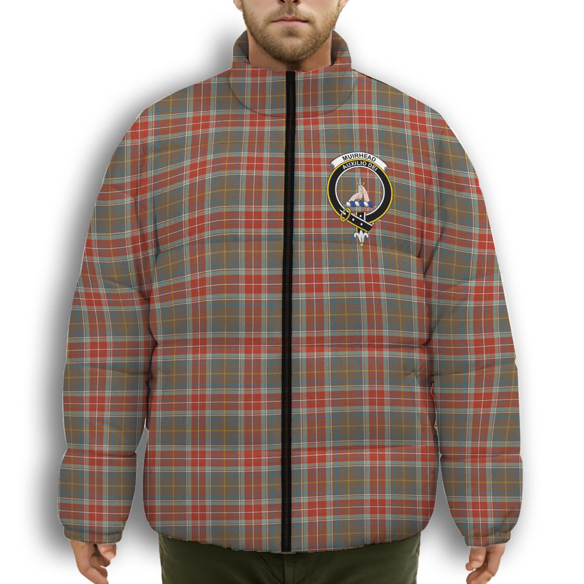 ScotsTee Shop Scottish Muirhead Hunting Ancient Crest Tartan Collar Down Jacket Winter White Duck Down Plaid