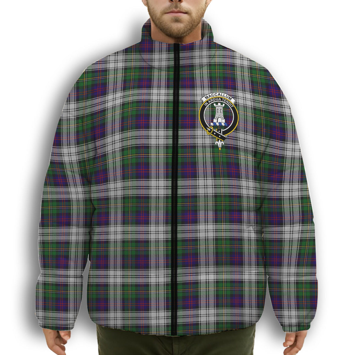 ScotsTee Shop Scottish MacCallum Dress - TD Crest Tartan Collar Down Jacket Winter White Duck Down Plaid
