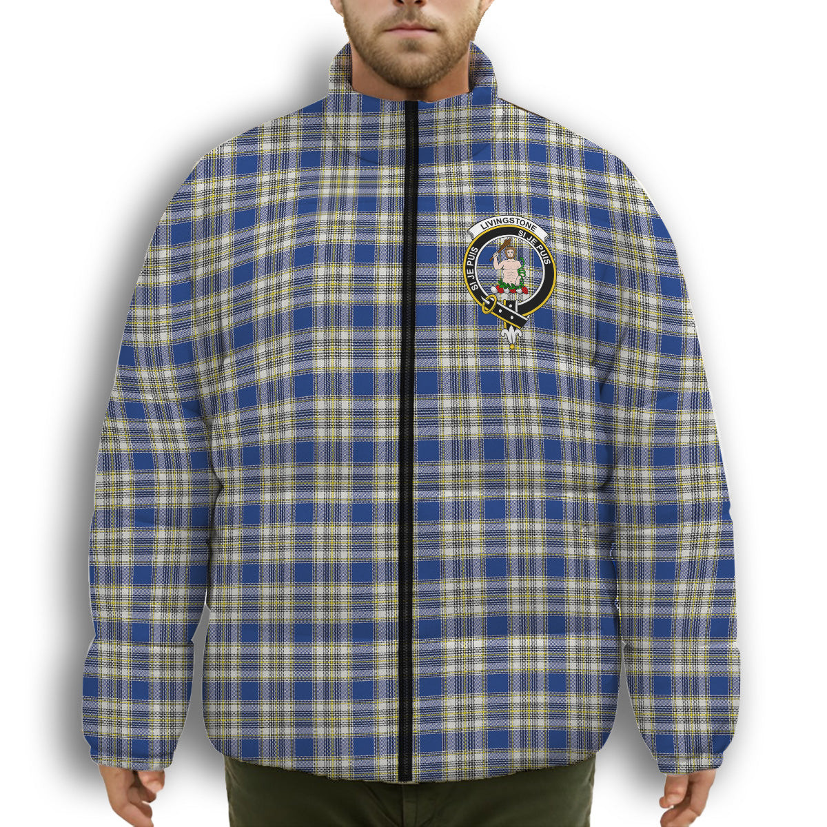 ScotsTee Shop Scottish Livingstone Dress Modern Crest Tartan Collar Down Jacket Winter White Duck Down Plaid