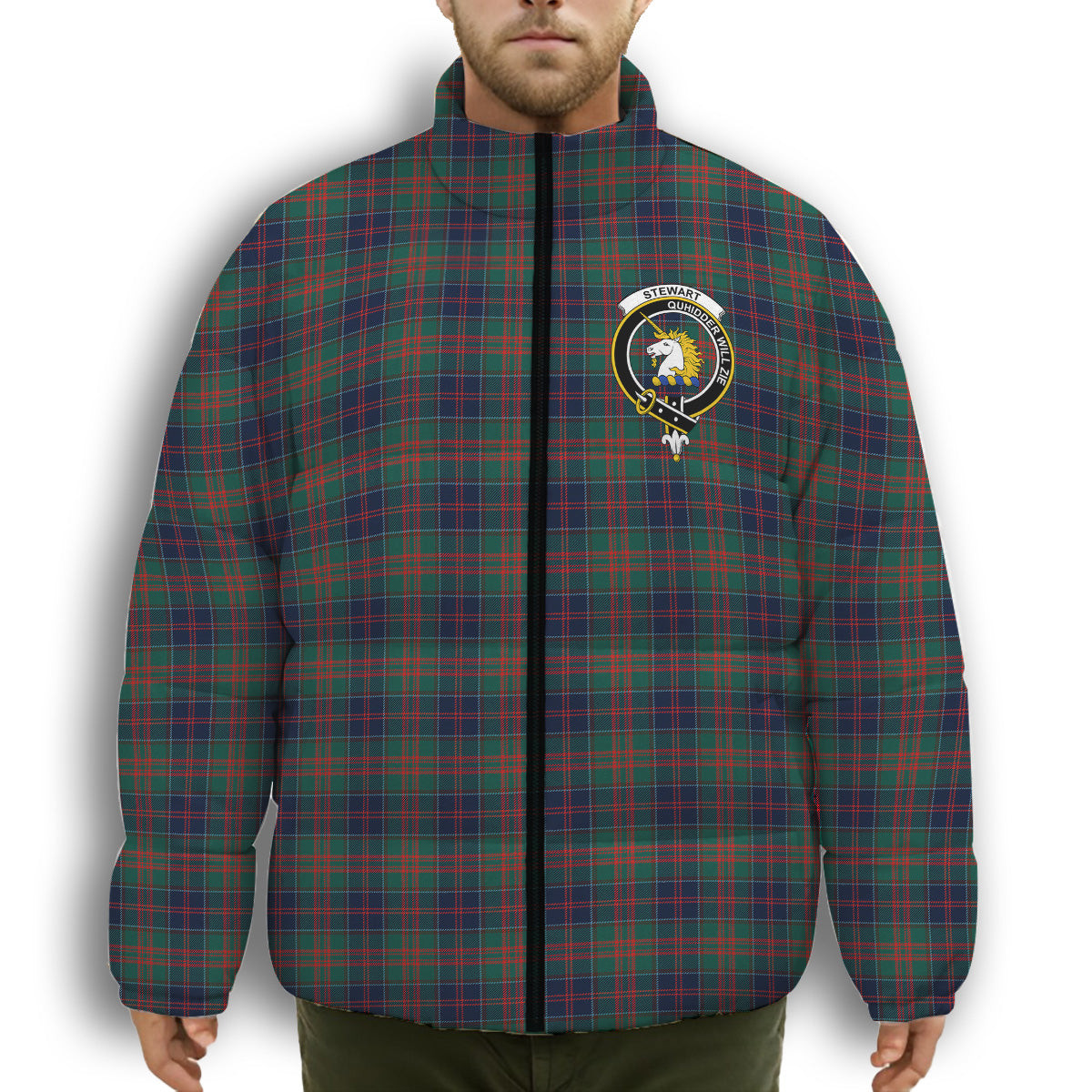 ScotsTee Shop Scottish Stewart of Appin Hunting Modern Clan Crest Tartan Collar Down Jacket Winter White Duck Down Plaid