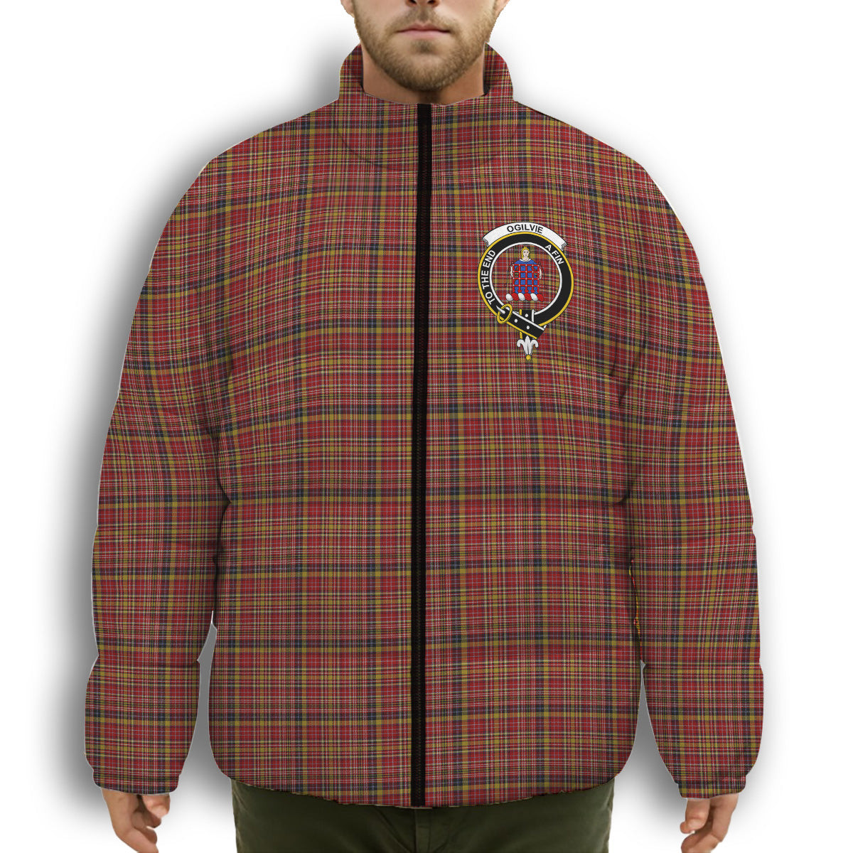 ScotsTee Shop Scottish Ogilvie (Ogilvy) of Strathallan Crest Tartan Collar Down Jacket Winter White Duck Down Plaid