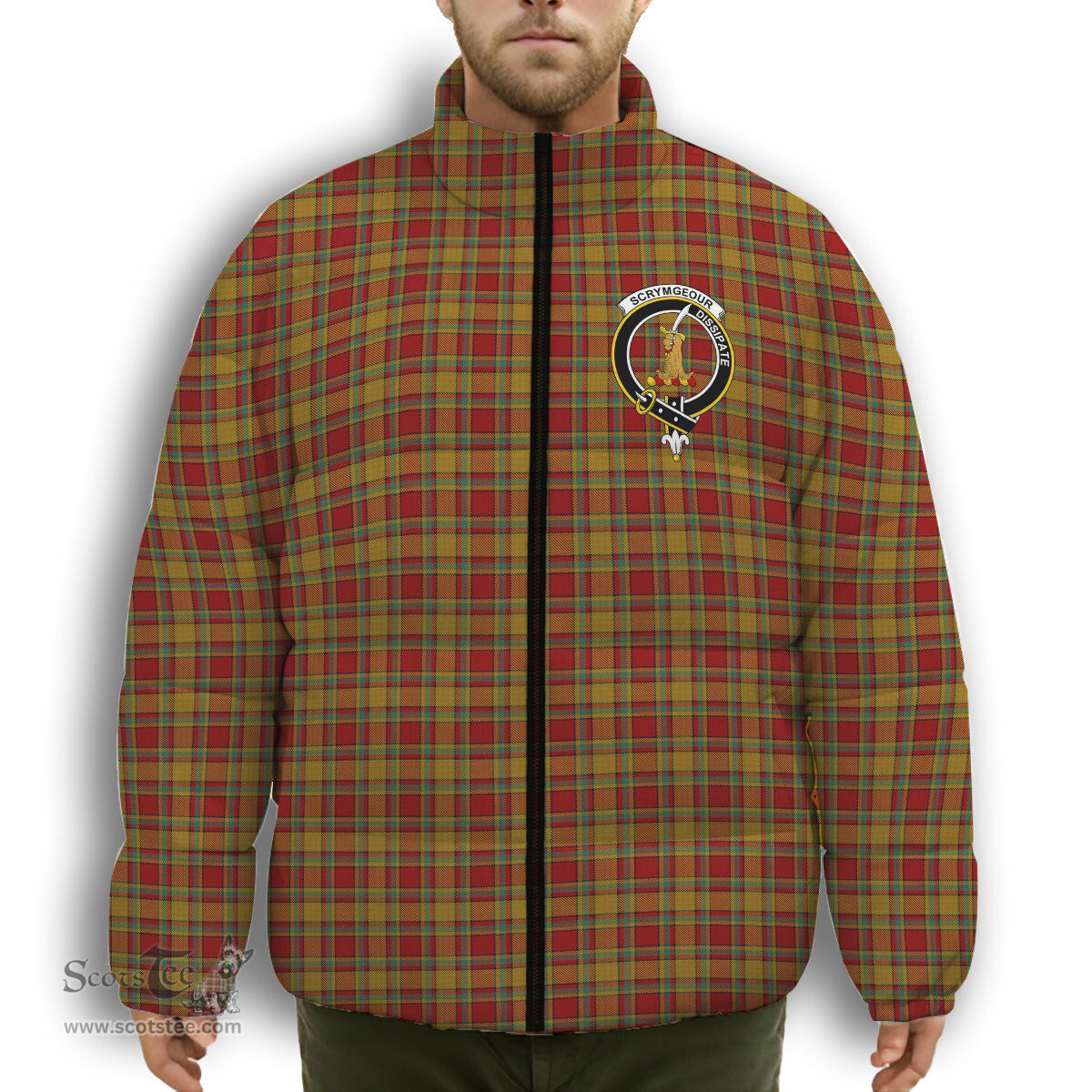 ScotsTee Shop Scottish Scrimgeour of Glassary Crest Tartan Collar Down Jacket Winter White Duck Down Plaid