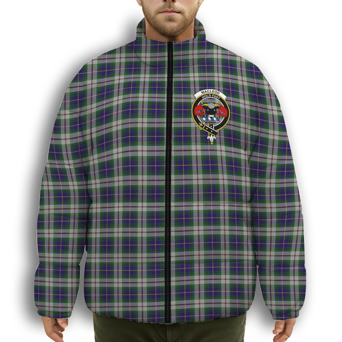 ScotsTee Shop Scottish MacLeod Of Californian Crest Tartan Collar Down Jacket Winter White Duck Down Plaid