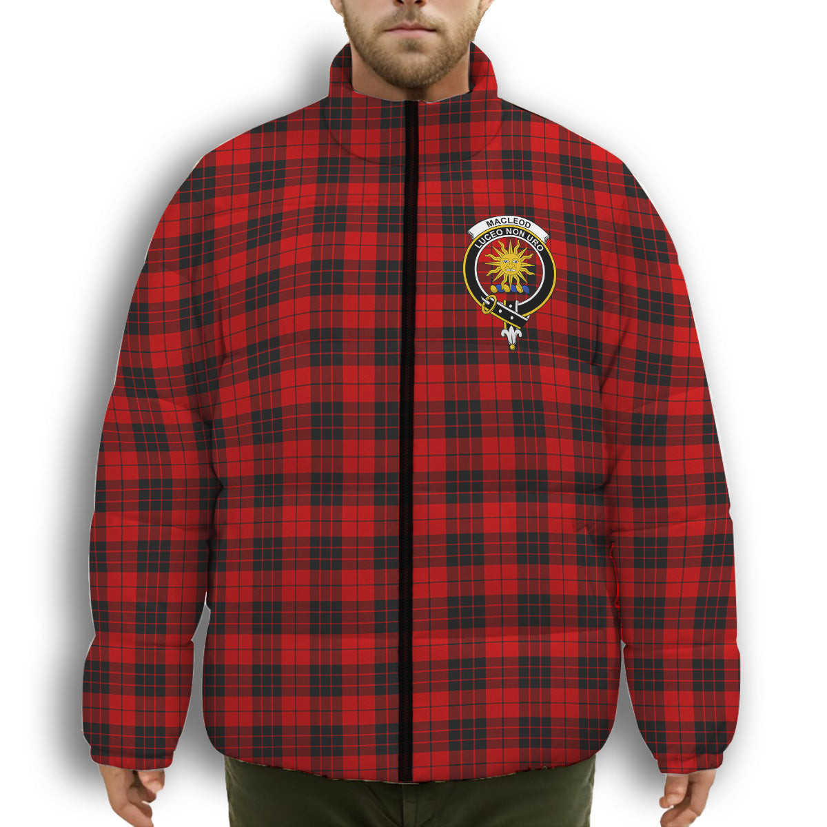 ScotsTee Shop Scottish MacLeod of Raasay SC Crest Tartan Collar Down Jacket Winter White Duck Down Plaid