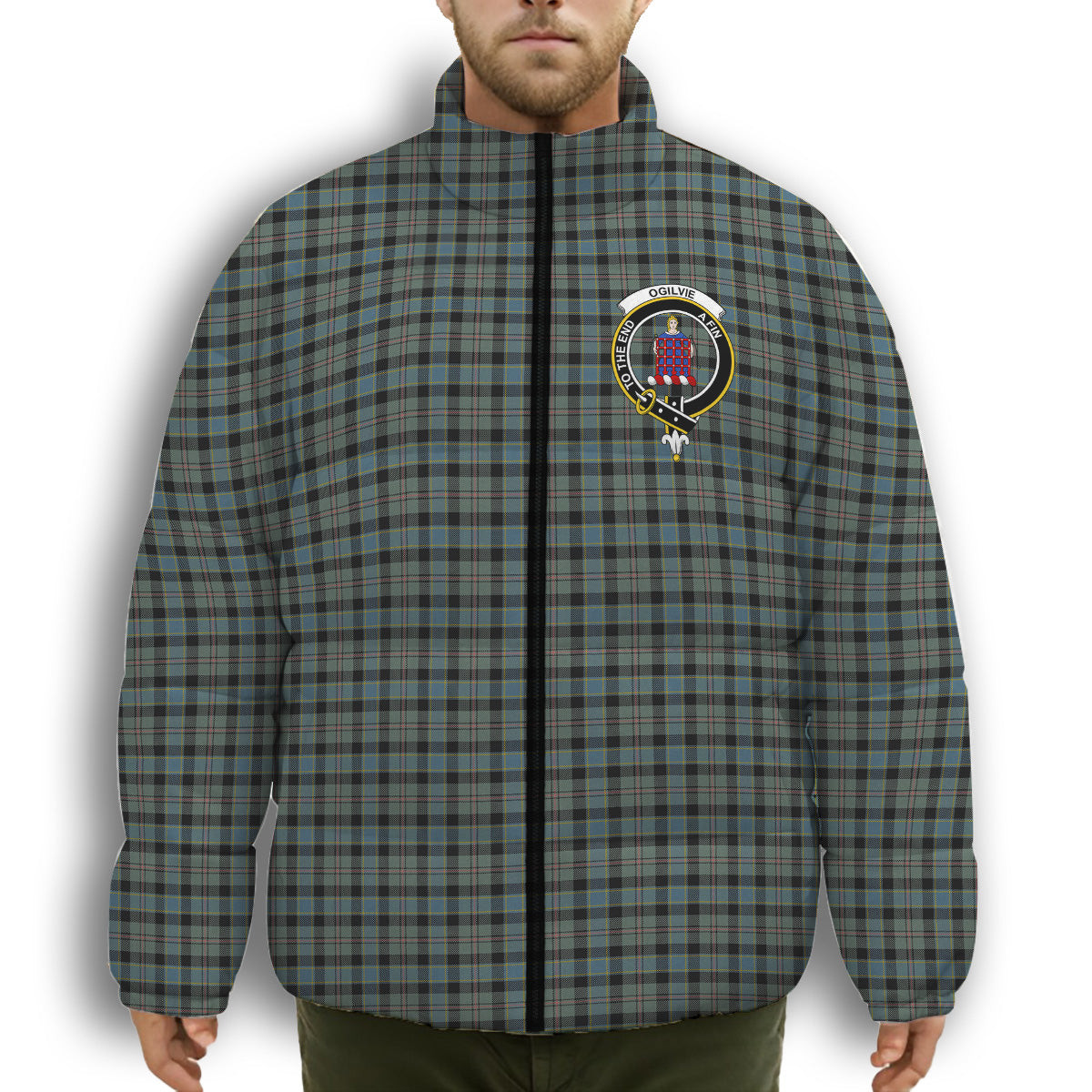 ScotsTee Shop Scottish Ogilvie (Ogilvy) Hunting Crest Tartan Collar Down Jacket Winter White Duck Down Plaid