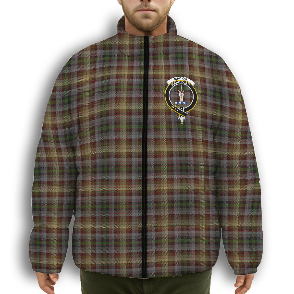 ScotsTee Shop Scottish MacKay of Strathnaver Crest Tartan Collar Down Jacket Winter White Duck Down Plaid