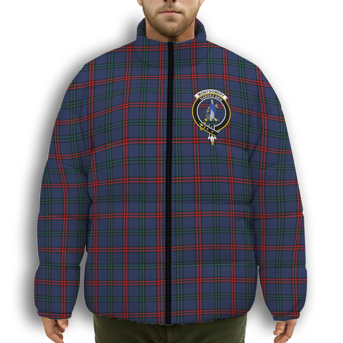 ScotsTee Shop Scottish Montgomery of Ayrshire Modern Crest Tartan Collar Down Jacket Winter White Duck Down Plaid