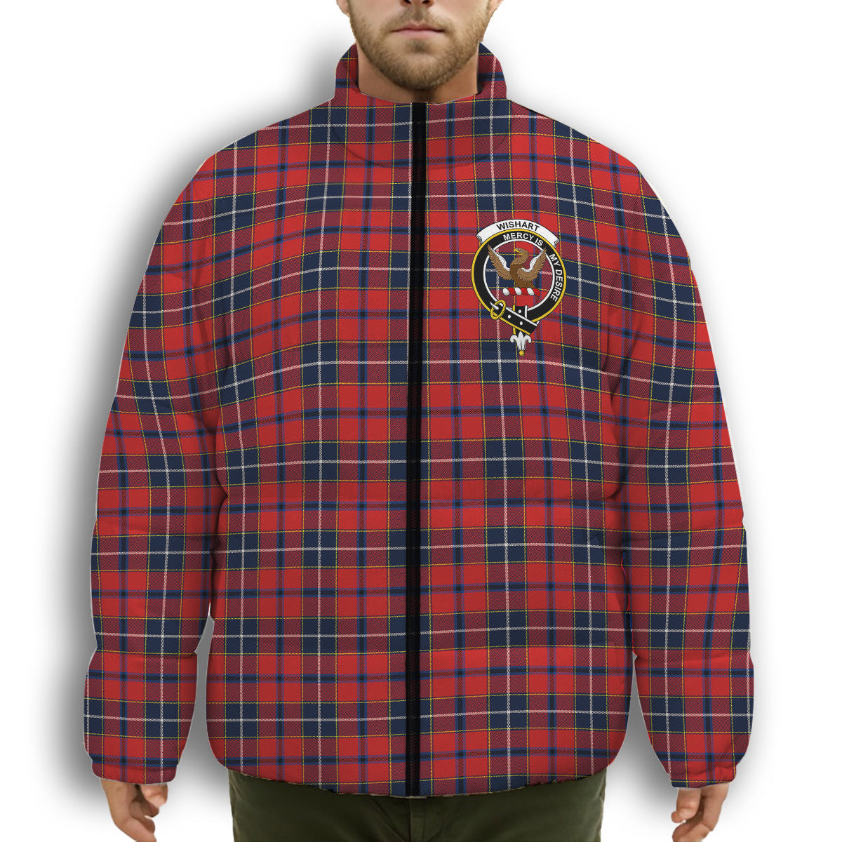 ScotsTee Shop Scottish Wishart Dress Modern Crest Tartan Collar Down Jacket Winter White Duck Down Plaid
