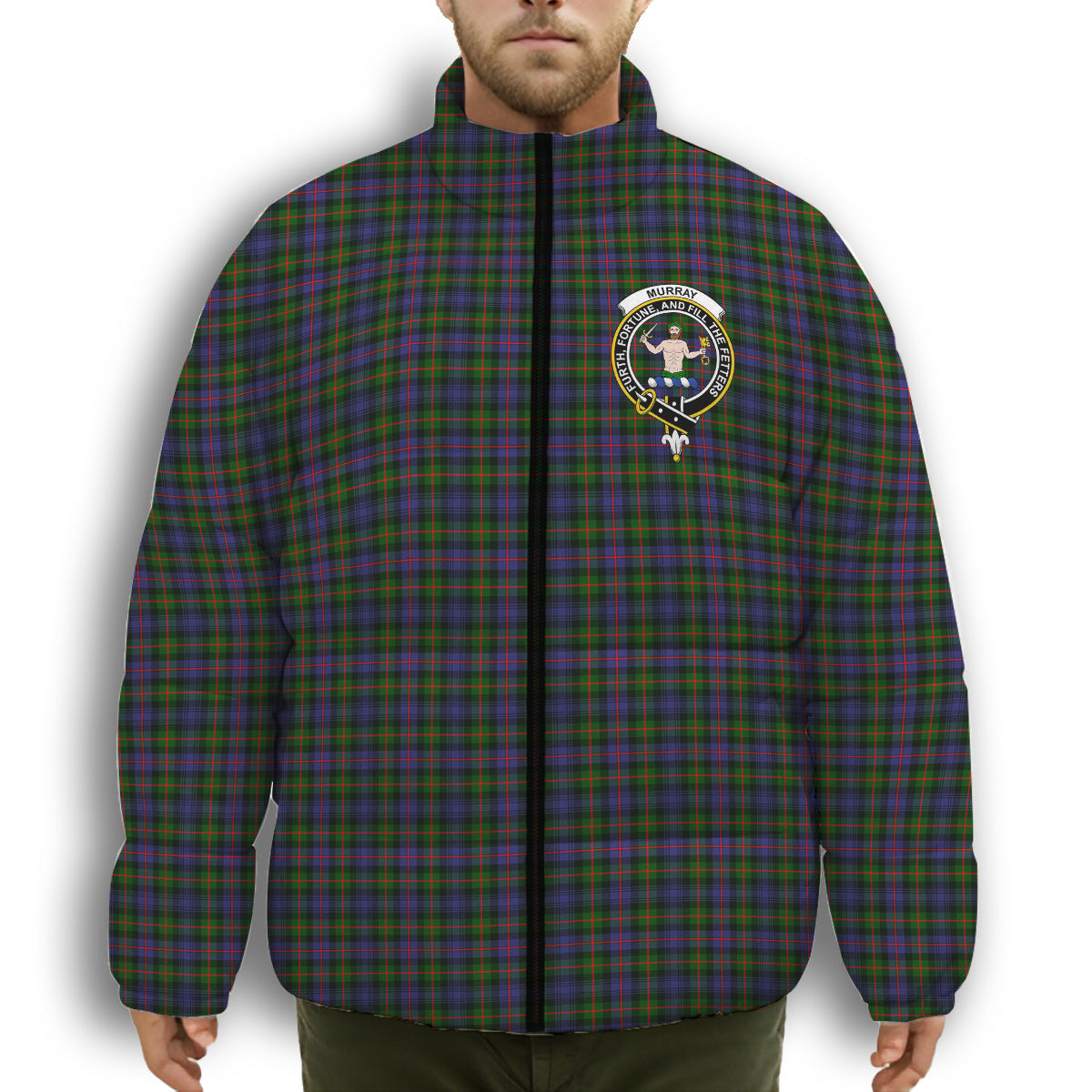 ScotsTee Shop Scottish Murray of Atholl Modern Crest Tartan Collar Down Jacket Winter White Duck Down Plaid