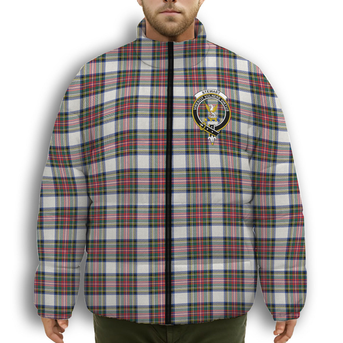 ScotsTee Shop Scottish Stewart Dress Modern Crest Tartan Collar Down Jacket Winter White Duck Down Plaid