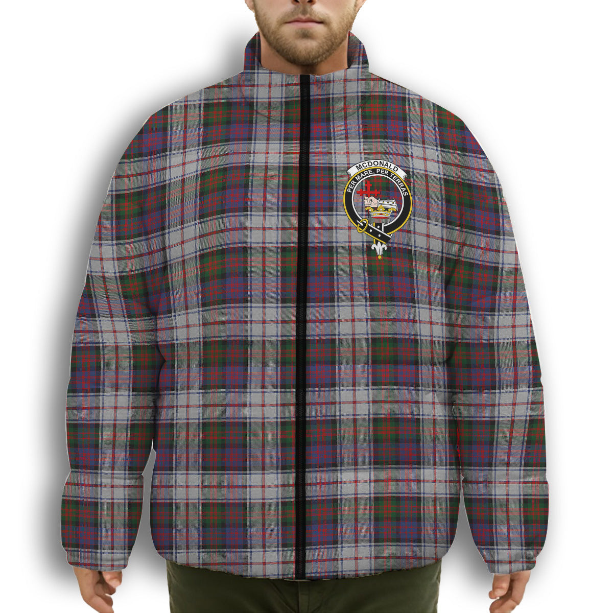 ScotsTee Shop Scottish McDonald Dress Modern Crest Tartan Collar Down Jacket Winter White Duck Down Plaid