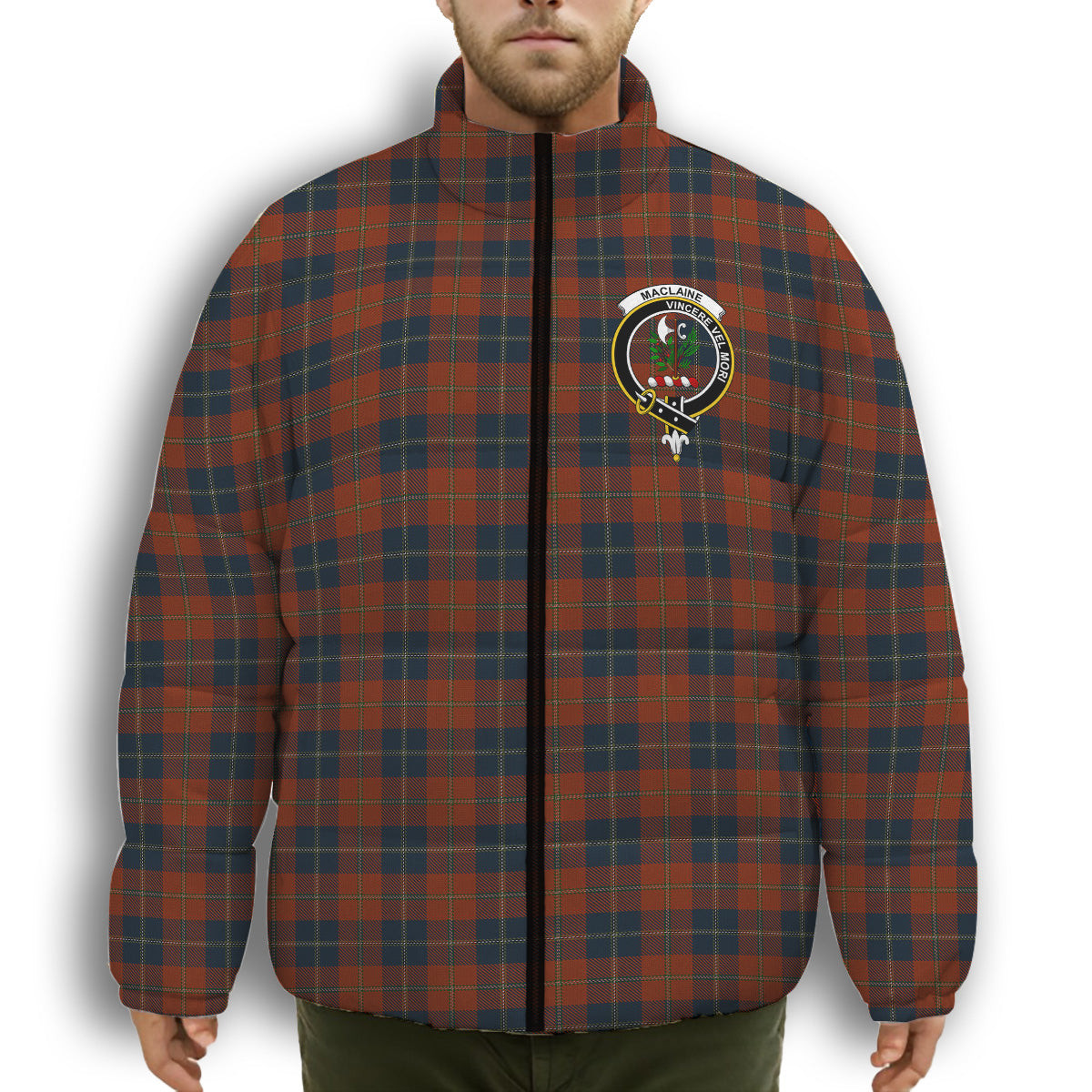ScotsTee Shop Scottish Maclaine of Lochbuie Auld Sett Crest Tartan Collar Down Jacket Winter White Duck Down Plaid