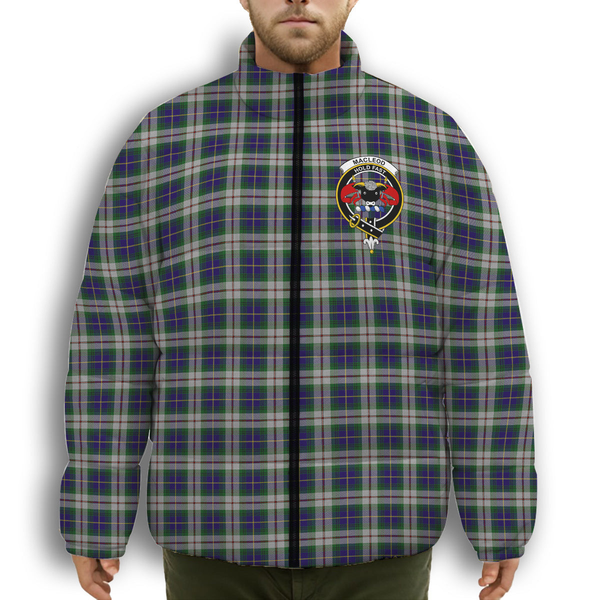 ScotsTee Shop Scottish MacLeod of California Crest Tartan Collar Down Jacket Winter White Duck Down Plaid