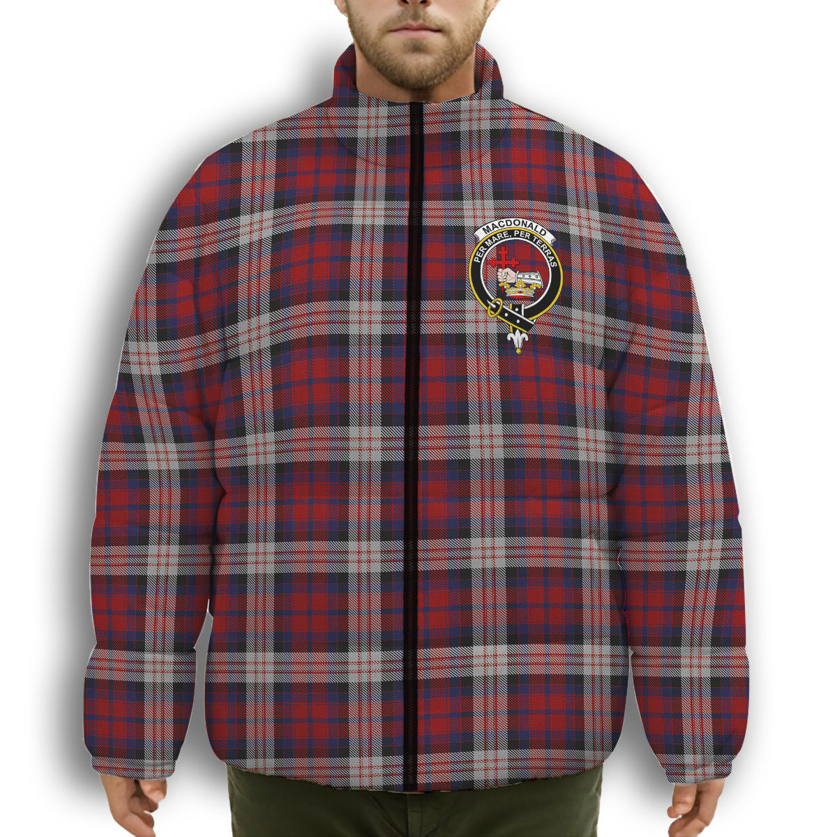 ScotsTee Shop Scottish MacDonald Dress Irish Crest Tartan Collar Down Jacket Winter White Duck Down Plaid