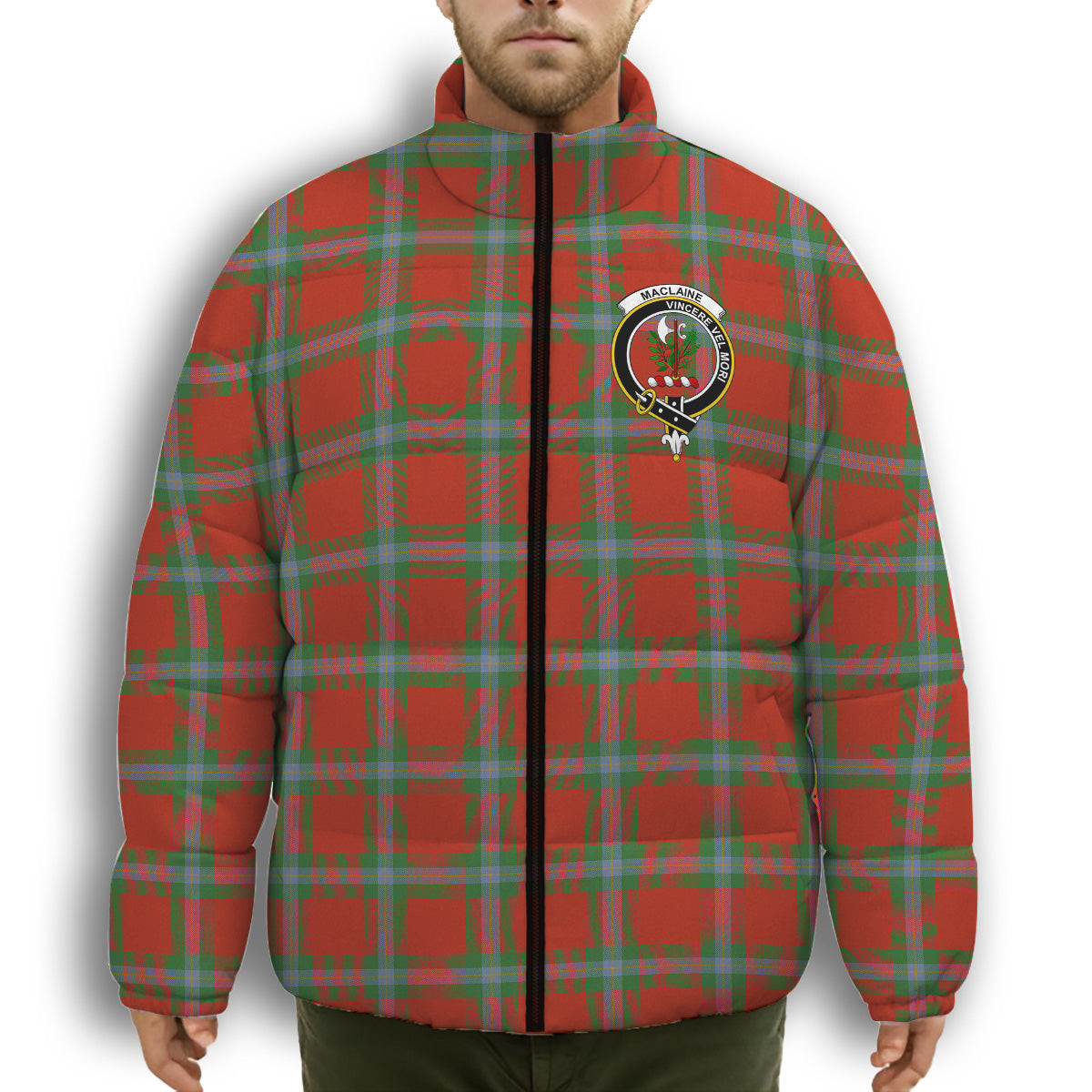 ScotsTee Shop Scottish MacLaine of Loch Buie Ancient Crest Tartan Collar Down Jacket Winter White Duck Down Plaid