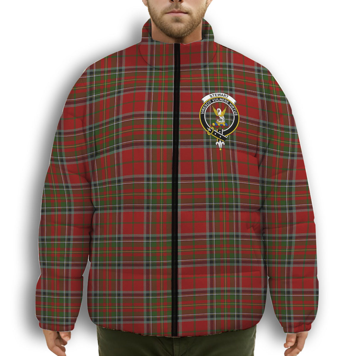 ScotsTee Shop Scottish Stewart of Galloway Crest Tartan Collar Down Jacket Winter White Duck Down Plaid