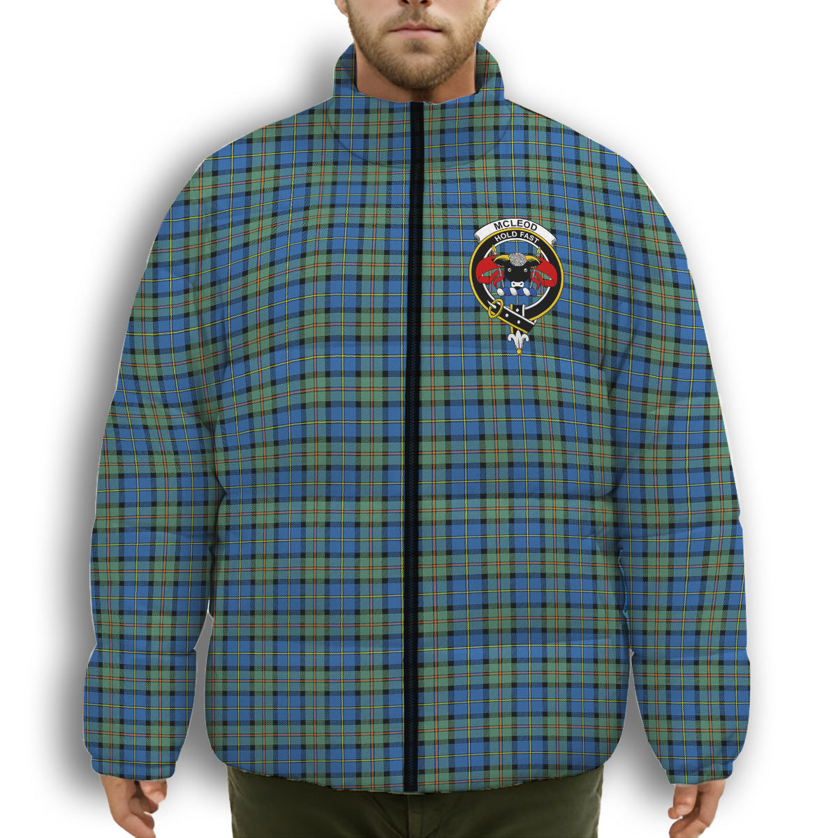 ScotsTee Shop Scottish McLeod of Harris Ancient Crest Tartan Collar Down Jacket Winter White Duck Down Plaid
