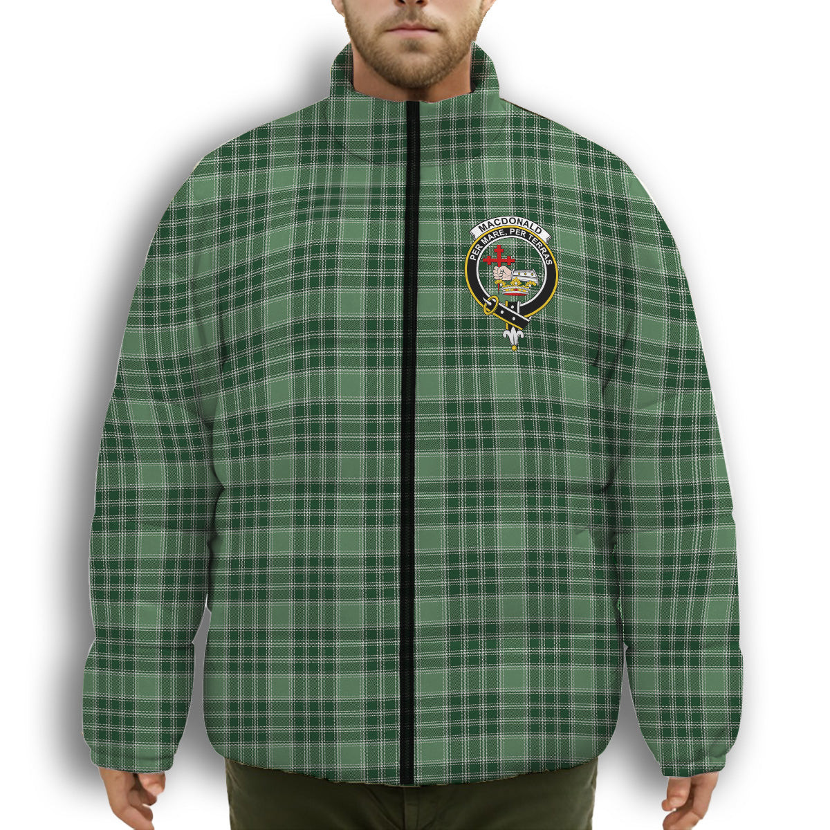 ScotsTee Shop Scottish MacDonald Lord of the Isles Hunting SC Crest Tartan Collar Down Jacket Winter White Duck Down Plaid