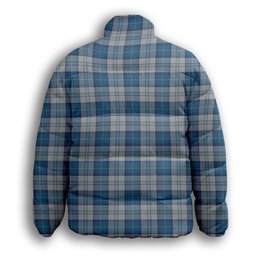 ScotsTee Shop Scottish Menzies Dress Blue and White Crest Tartan Collar Down Jacket Winter White Duck Down Plaid